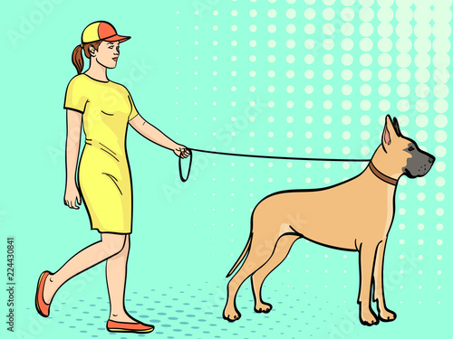 Pop art background. A woman with a sports dress, walks a pet on a leash. Great Dane breed of domestic dog. Vintage, comic style, vector