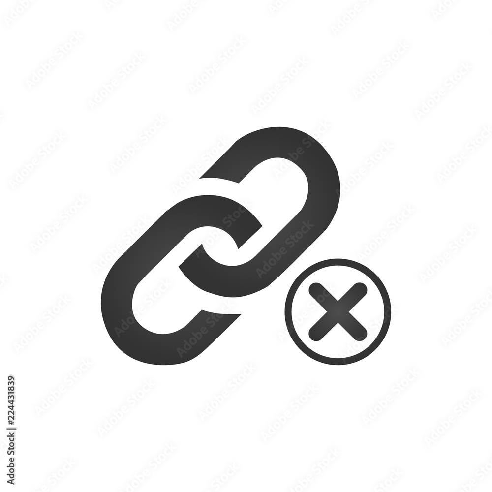 Link Icon with cross. bad or not working link concept. 404 error. vector illustration isolated on white background. Link Icon with cross. bad or not working link concept. 404 error. vector illustration isolated on white background.