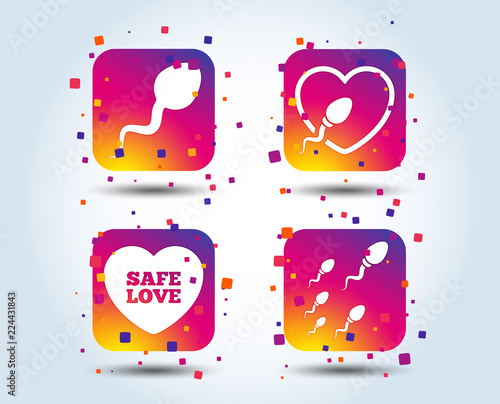 Sperm icons. Fertilization or insemination signs. Safe love heart symbol. Colour gradient square buttons. Flat design concept. Vector