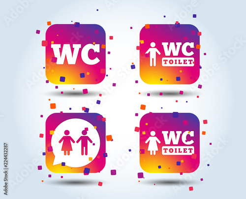 WC Toilet icons. Gents and ladies room signs. Man and woman speech bubble symbol. Colour gradient square buttons. Flat design concept. Vector