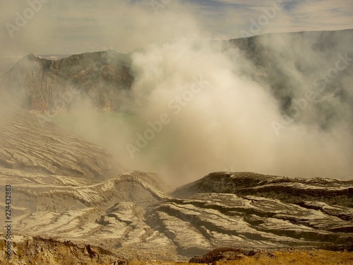 view on the crater of the Ijen volcano in Java, Indonesia, a sulfur mine and toxic gaz