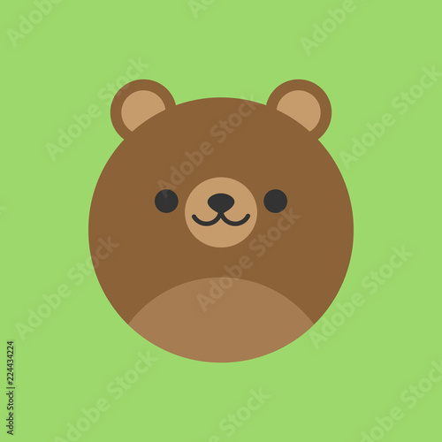 Cute bear round vector graphic icon. Brown grizzly bear animal head  face illustration. Isolated on green background.