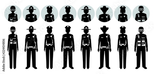 Police people concept. Set of different black silhouettes and avatars icons of SWAT officer, policeman, policewoman and sheriff in flat style on white background. Vector illustration.