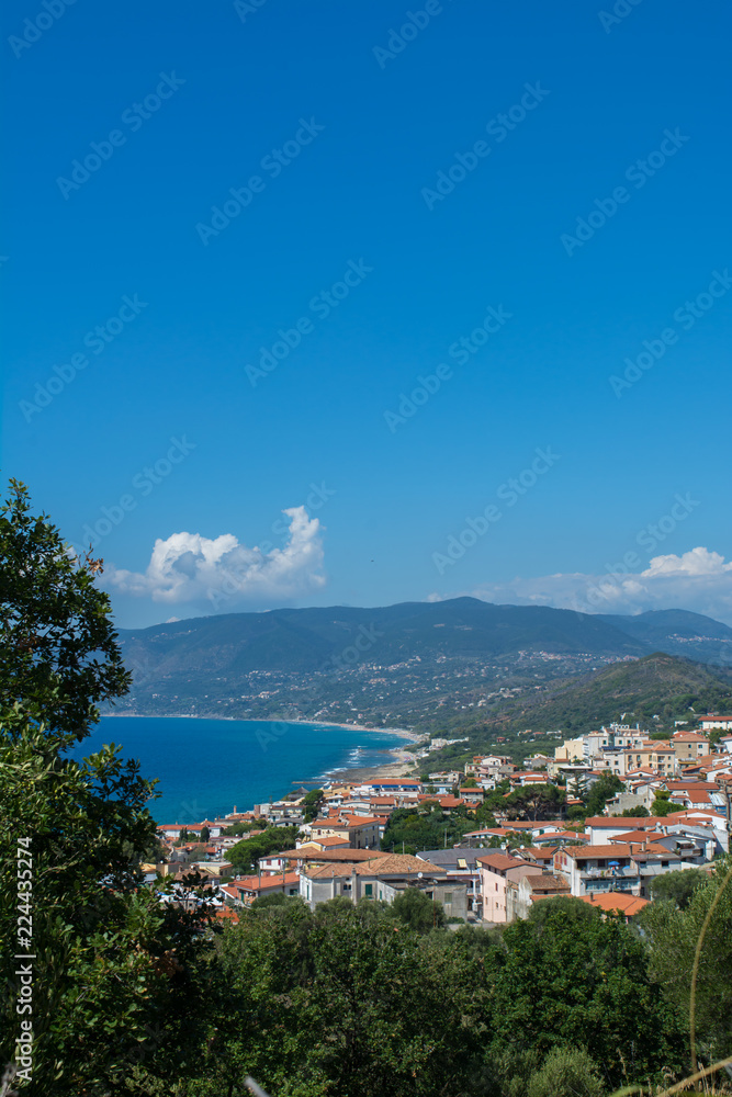 The City of Ascea, in Italy, on Cloudy Sky Background in Summer
