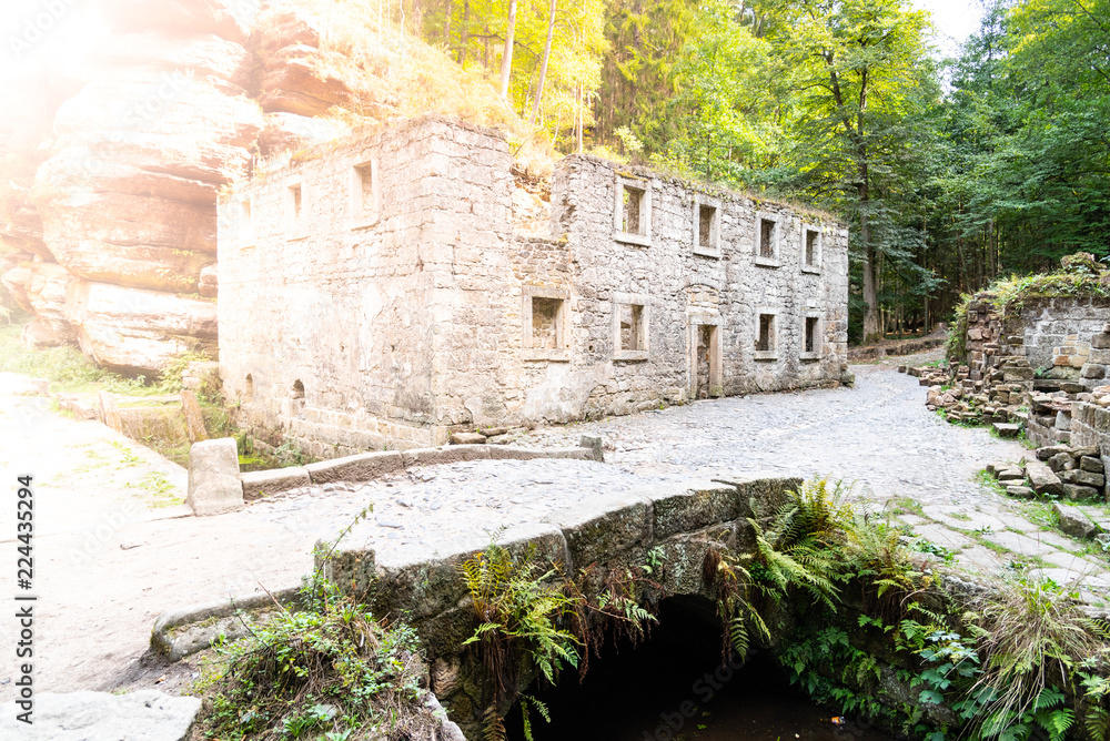 Ruins of Dolsky Mill, Dolsky mlyn, at River Kamenice in Bohemian Switzerland National Park, Czech Republic.