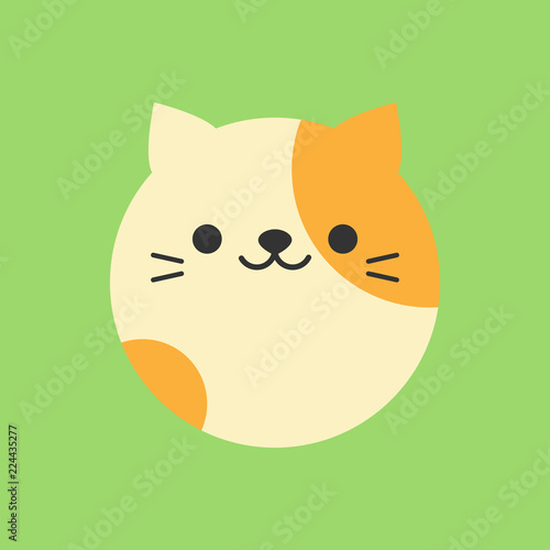 Cute cat round vector graphic icon. Ginger kitten animal head, face illustration. Isolated on green background.