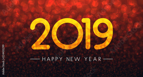 Red bokeh 2019 Happy New Year greeting card.