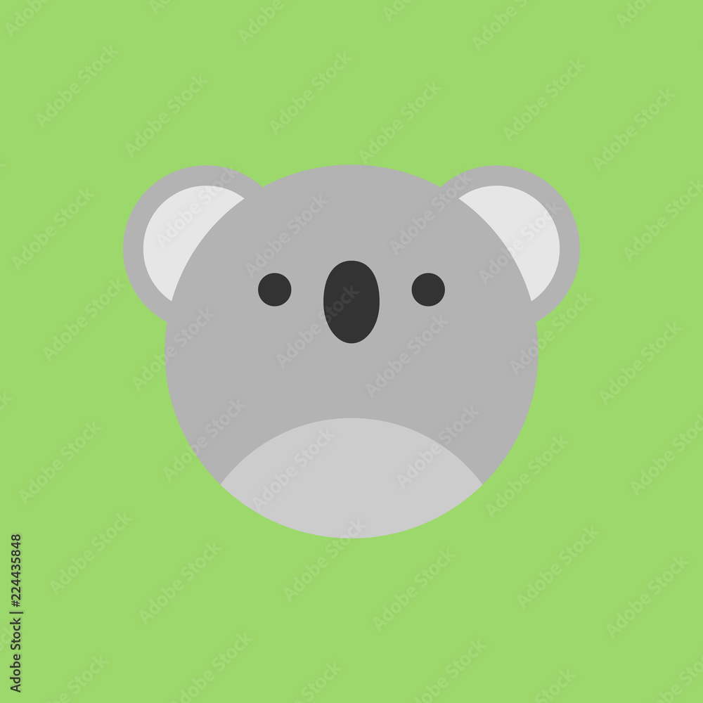 Fototapeta premium Ładny koala okrągły wektor graficzny ikona. Głowa zwierzęcia niedźwiedź koala, ilustracja twarz. Na białym tle na zielonym tle.