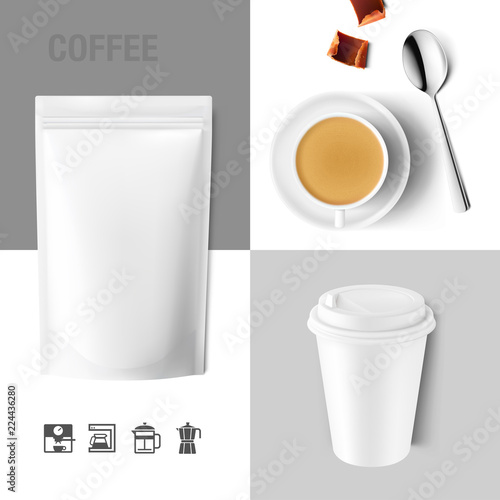 Set of doy pack package, coffee cup, spoon and take away mug. Vector illustrations on white background. Ready to use for your design. EPS10.