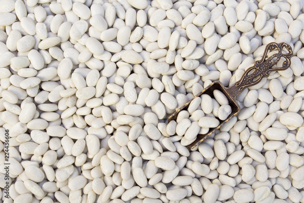 İron spoon with white beans background. İron spoon with white beans background.