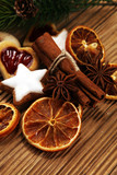 Baking christmas cookies. Typical cinnamon stars bakery with spices. xmas decoration