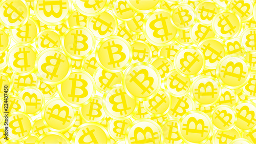 Texture seamless pattern of golden shiny glowing expensive metal coins bitcoin. The concept of blockade technology, crypto currency. The background. Vector illustration