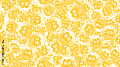 Texture seamless pattern of golden shiny glowing expensive metal coins bitcoin. The concept of blockade technology, crypto currency. The background. Vector illustration