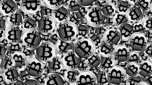 Texture seamless pattern of silver shining glowing expensive metal coins bitcoin. The concept of blockade technology, crypto currency. The background. Vector illustration
