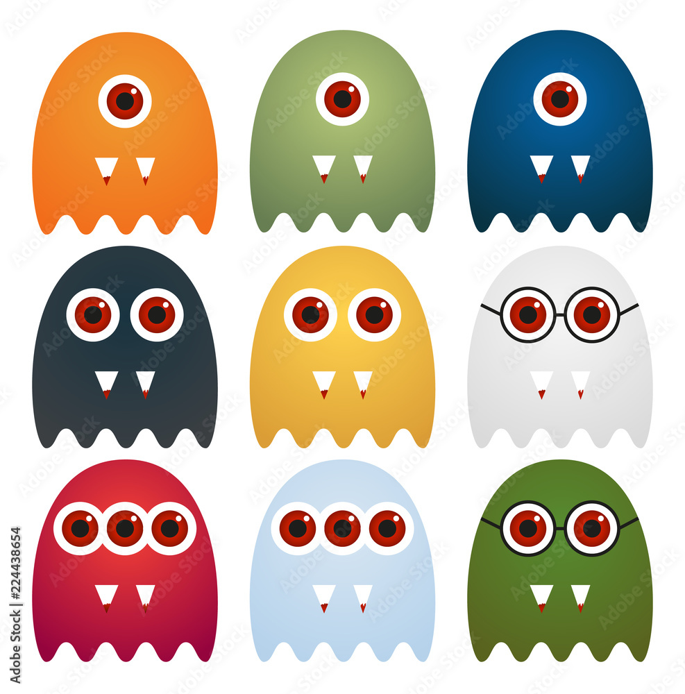 Fototapeta premium Set of 9 cute ghosts with one, two or three eyes or glasses, with sharp tooth with blood, in different colors, isolated on white