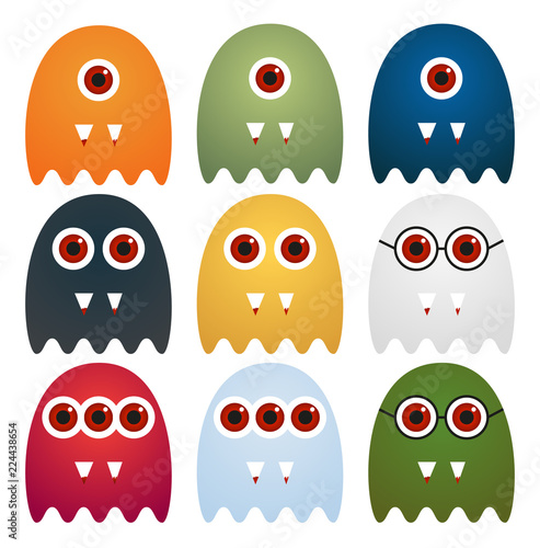 Set of 9 cute ghosts with one, two or three eyes or glasses, with sharp tooth with blood, in different colors, isolated on white