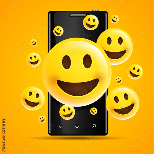 vector illustration realistic happy yellow emojis, emoticons in front of a smartphone