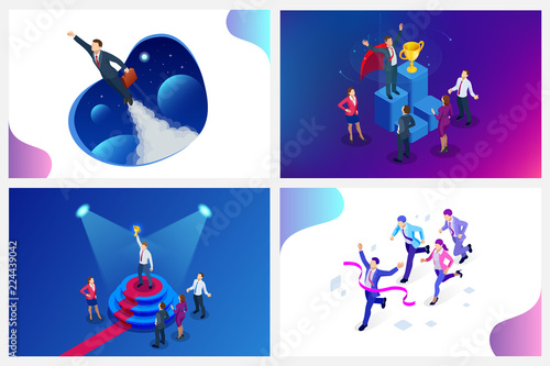 Isometric design for business startup web banner. Start up. Income and success. Digital transformation. Technology Future. Businessman in space, concept for creativity, imagination, innovation