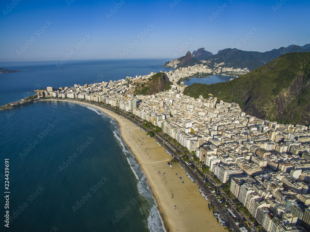 Copacabana Beach in Copacabana district, Rio de Janeiro, Brazil. South America. The most famous beach in the world. Wonderful city. Paradise of the world.  