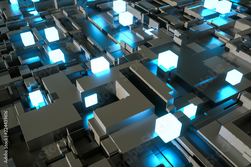 3d rendering  luminescent squares and dark background