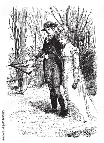 Couple roaming in the Park vintage illustration.