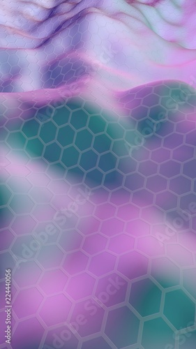 Colorful honeycomb with a gradient color on a light background. Perspective view on polygon look like honeycomb. Wavy surface. Isometric geometry. 3D illustration