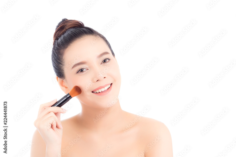Beauty of portrait asian woman applying make up with brush of cheek isolated on white background, beautiful of girl holding blusher, skincare and cosmetic concept. Beauty of portrait asian woman applying make up with brush of cheek isolated on white background, beautiful of girl holding blusher, skincare and cosmetic concept.