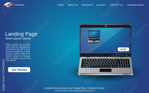 Website landing page design template. Blue vector background with laptop illustration