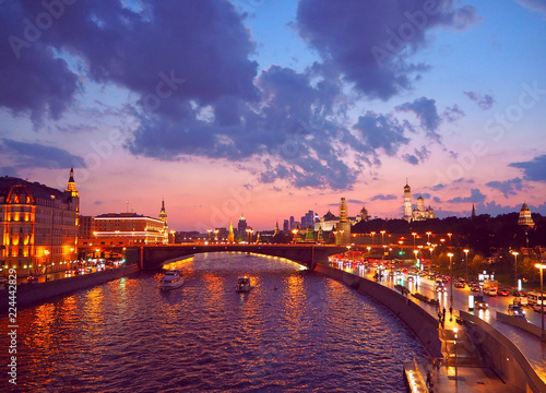 view from the bridge to the Kremlin, Moscow river and Moscow City. Panorama at sunset, Moscow, Russia