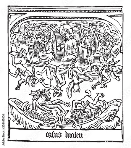 Speculum Humanae Salvation is the engraved illustration of the Fall of Lucifer, vintage engraving.