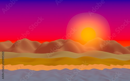 Sun Sea Beach. Sunrise. Ocean shore line with waves on a beach. Island beach paradise with waves. Vacation, summer, relaxation. Seascape, seashore. Minimalist landscape, primitivism. 3D illustration © Plastic man