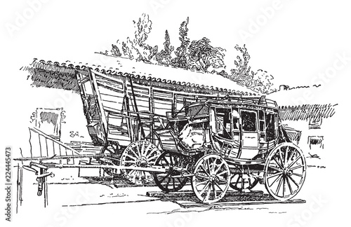 Stagecoach and Prairie Schooner, vintage illustration.