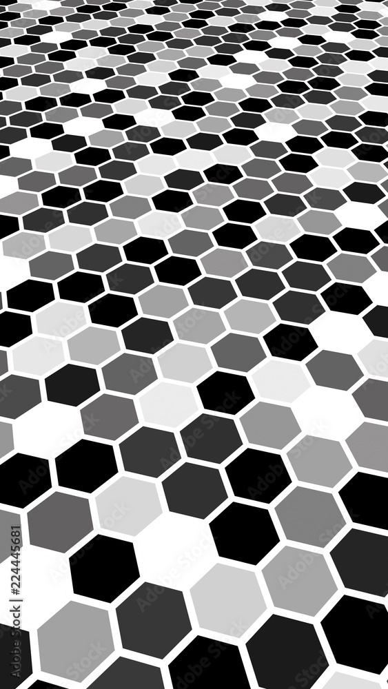 White honeycomb with a gradient color. Perspective view on polygon look like honeycomb. Extruded, bump cell. Isometric geometry. 3D illustration