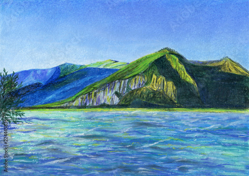 A beautiful mountain landscape with a clear sky, a ridge of mountains at sunset and a river in the foreground. Drawing pastel on paper.