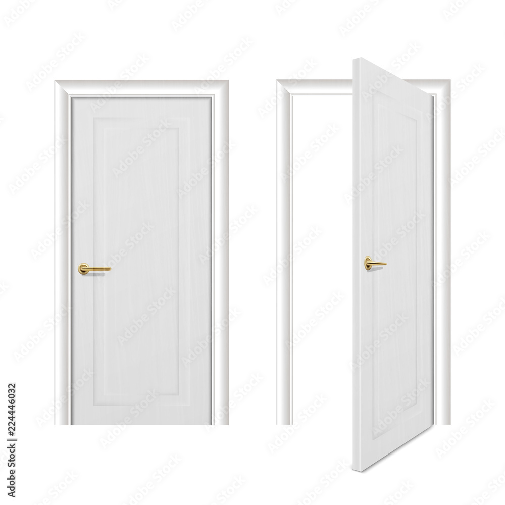 Vector realistic different opened and closed white wooden door icon set closeup isolated on white background. Elements of architecture. Design template for graphics, Front view Vector realistic different opened and closed white wooden door icon set closeup isolated on white background. Elements of architecture. Design template for graphics, Front view