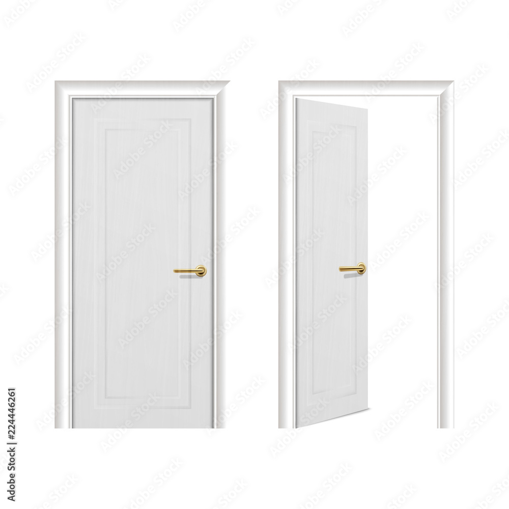 Vector realistic different opened and closed white wooden door icon set closeup isolated on white background. Elements of architecture. Design template for graphics, Front view Vector realistic different opened and closed white wooden door icon set closeup isolated on white background. Elements of architecture. Design template for graphics, Front view