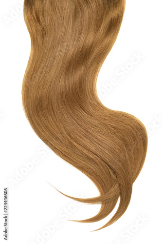 Curl of natural brown hair on white background. Wavy ponytail