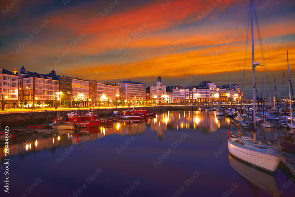 Fototapeta La Coruna sunset port marina in Galicia Spain