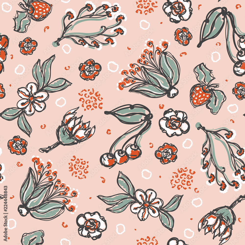 50s Style Daisy Fruit Vector Pattern Hand Drawn Seamless Vintage Flower  Illustration for Summer Fashion Print, Trendy Wallpaper, Floral Stationery,  Cute Decor, Retro Kitchen Tile Background Red Pink Stock Vector | Adobe