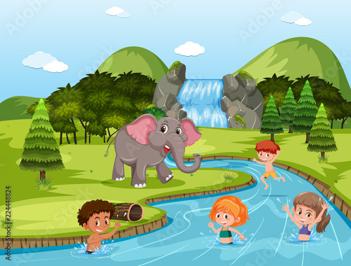 Children swimming at the river