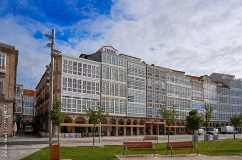 La Coruna facades near Port in Galicia Spain