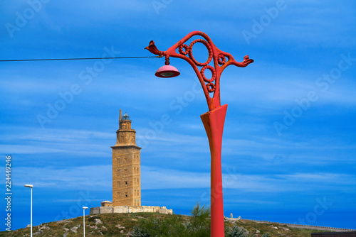 La Coruna red streetlights and Hercules tower Galicia