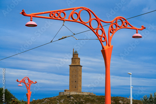 La Coruna red streetlights and Hercules tower Galicia