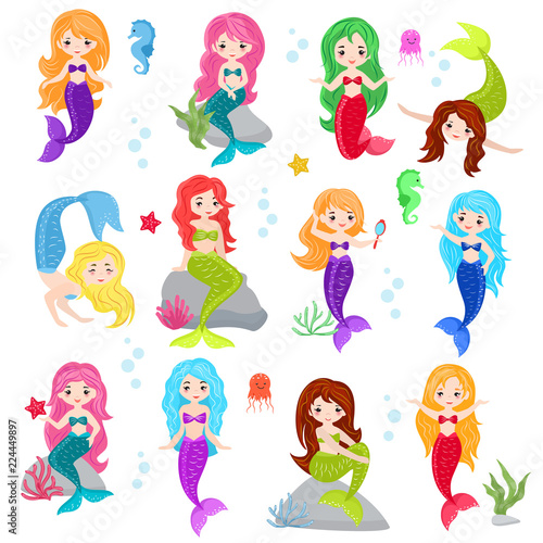 Mermaid vector cartoon seamaid character girl with beautiful tale and colorfil hair underwater seabed illustartion set of marine princess and sea animals jellyfish isolated on white background