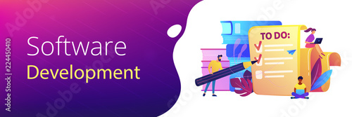 People feel in check boxes in to do list. Project task management it concept. Software development process and project management activities. Violet palette. Header or footer banner template.