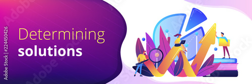 People recording analytics data of the IT project identifying business needs and determining solutions to business problems. Business analysis IT concept. Header or footer banner template.