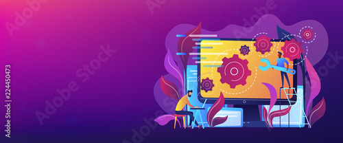 People configure the application on the big LCD screen with gears. Back end development it concept. Software development process. Violet palette. Back-end concept. Header or footer banner template.