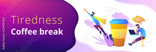A man sitting tired at the desk and another flying full of energy after cup of coffee. Coffee break, low energy, tiredness, energizing concept, violet palette. Header or footer banner template.