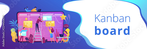 Team members moving cards on large kanban board. Teamwork, communication, interaction, business process, agile project management concept, violet palette. Header or footer banner template.