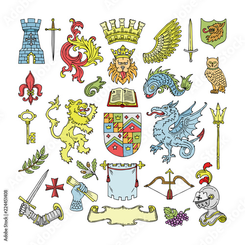 Herald vector heraldic shield and heraldry vintage emblem of crown lion or knights helmet illustration set of royal medieval insignia royalty crown isolated on white background